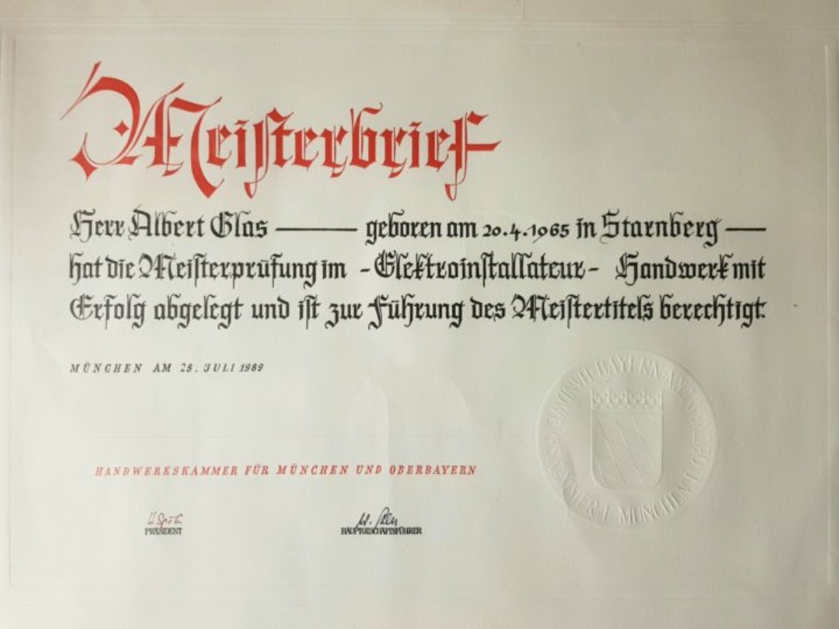 Meisterbrief Albert Glas jun. 1989